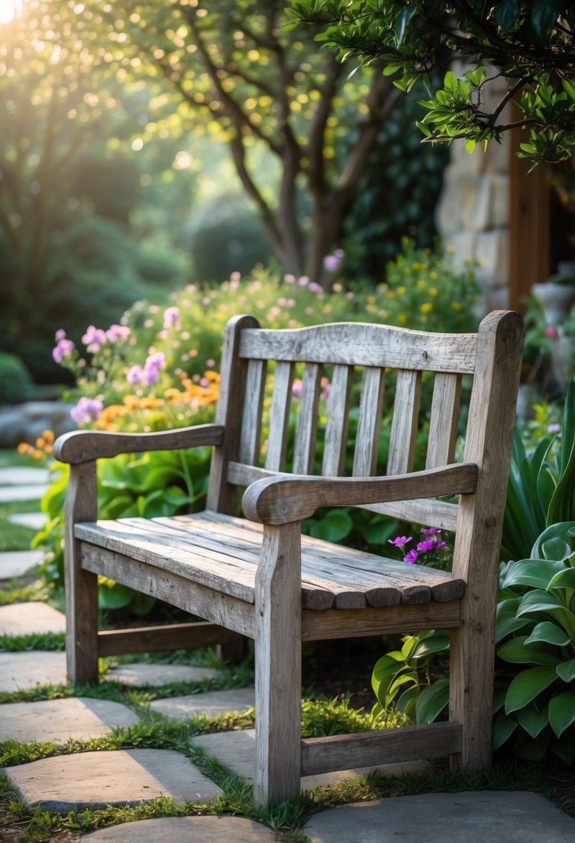 A weathered wooden bench in a garden surrounded by plants and flowers.