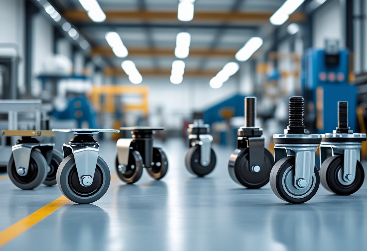 A selection of different industrial casters displayed on a clean work surface in a workshop setting.