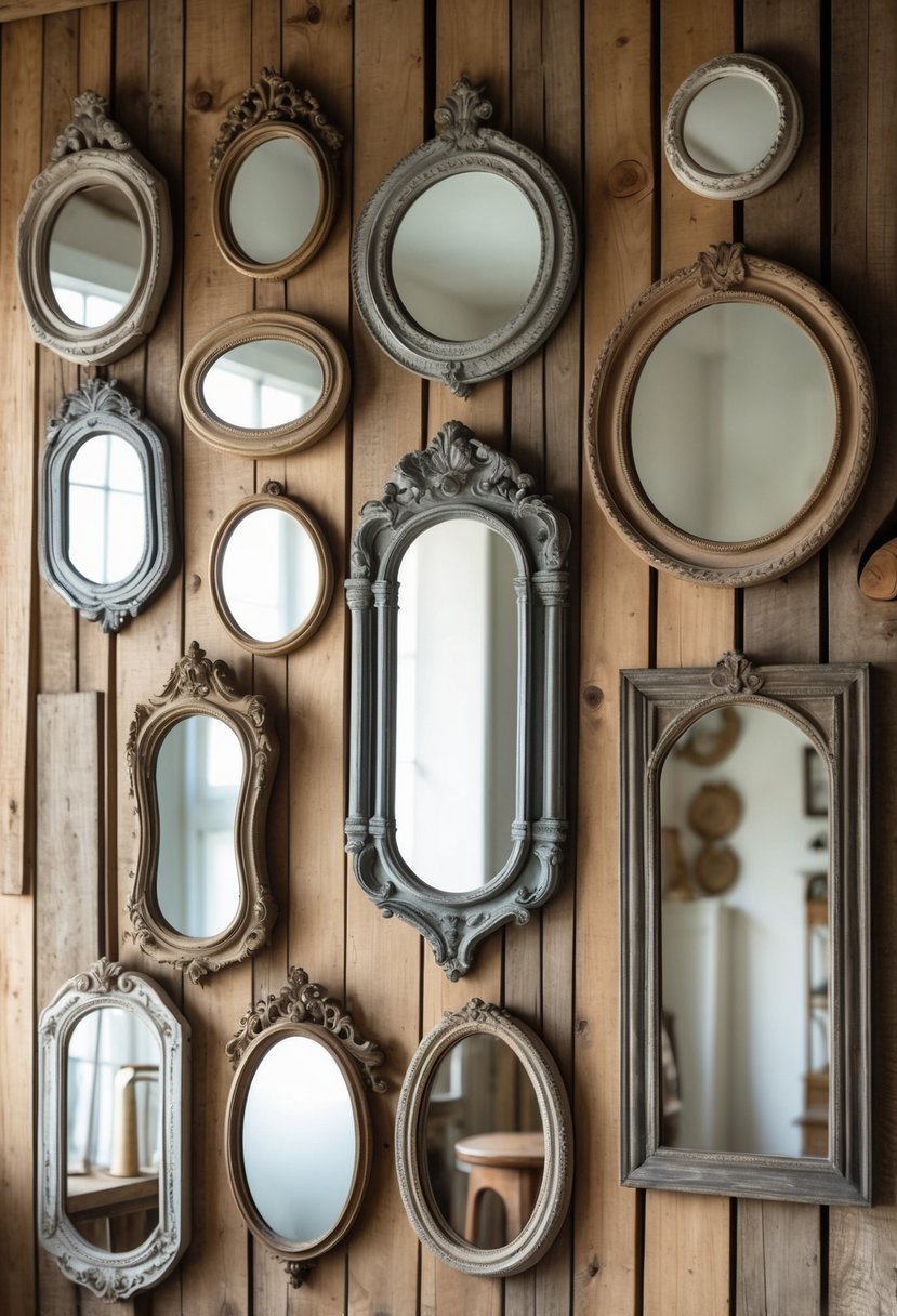Sixteen vintage framed mirrors of different shapes and sizes arranged on a rustic wooden wall.