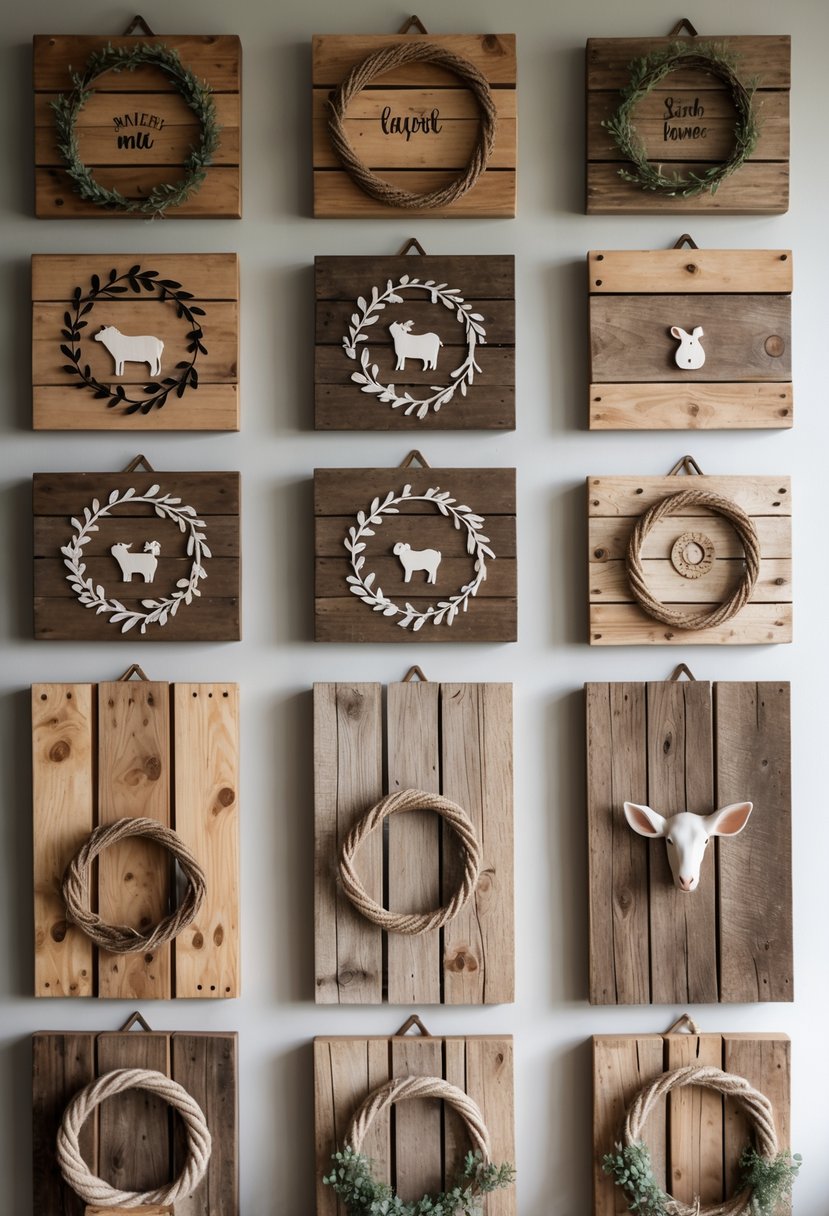 A collection of sixteen rustic wooden wall plaques with farmhouse designs arranged together on a neutral background.