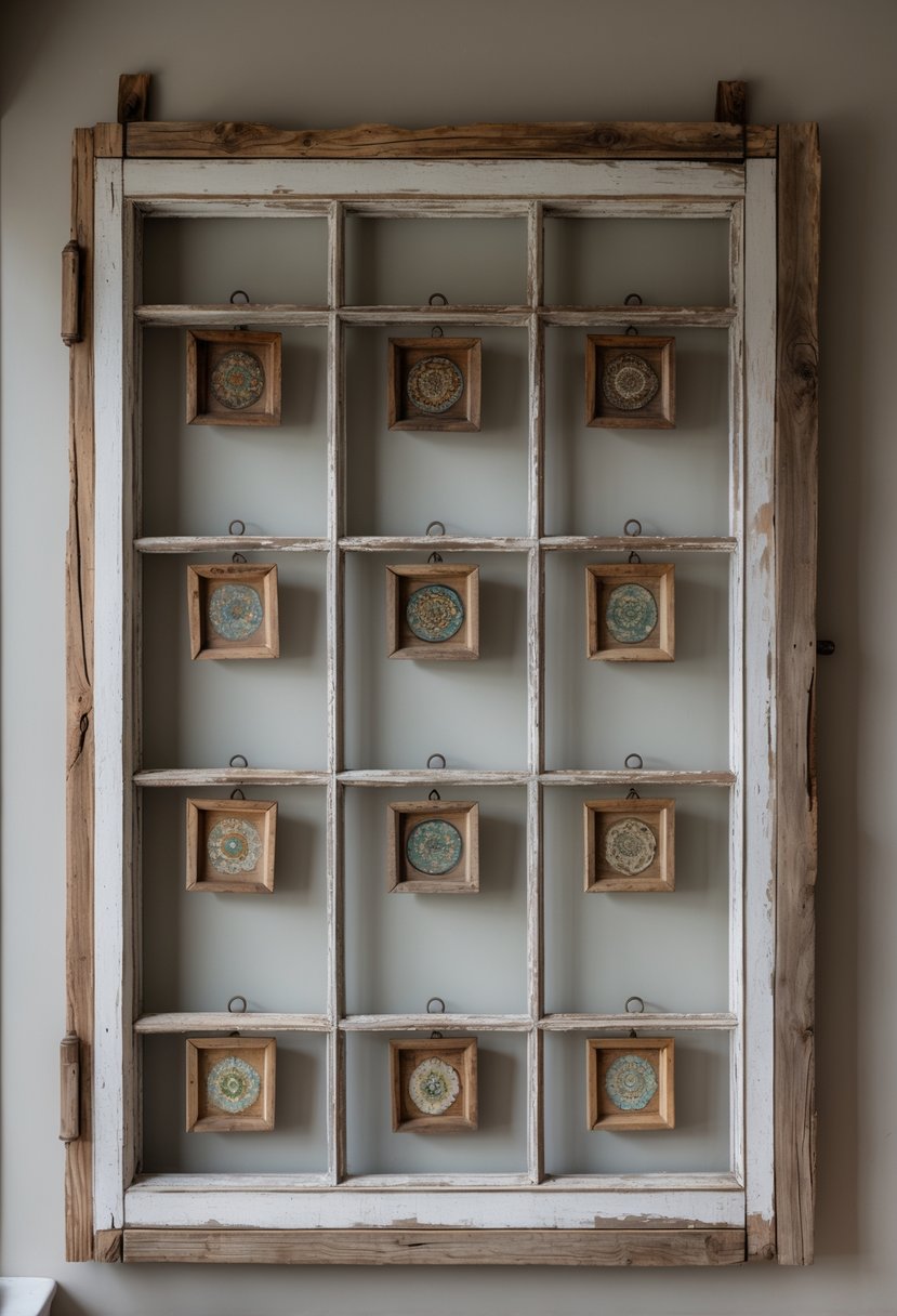 An antique wooden window frame with sixteen decorative panels hanging on a wall in a home.