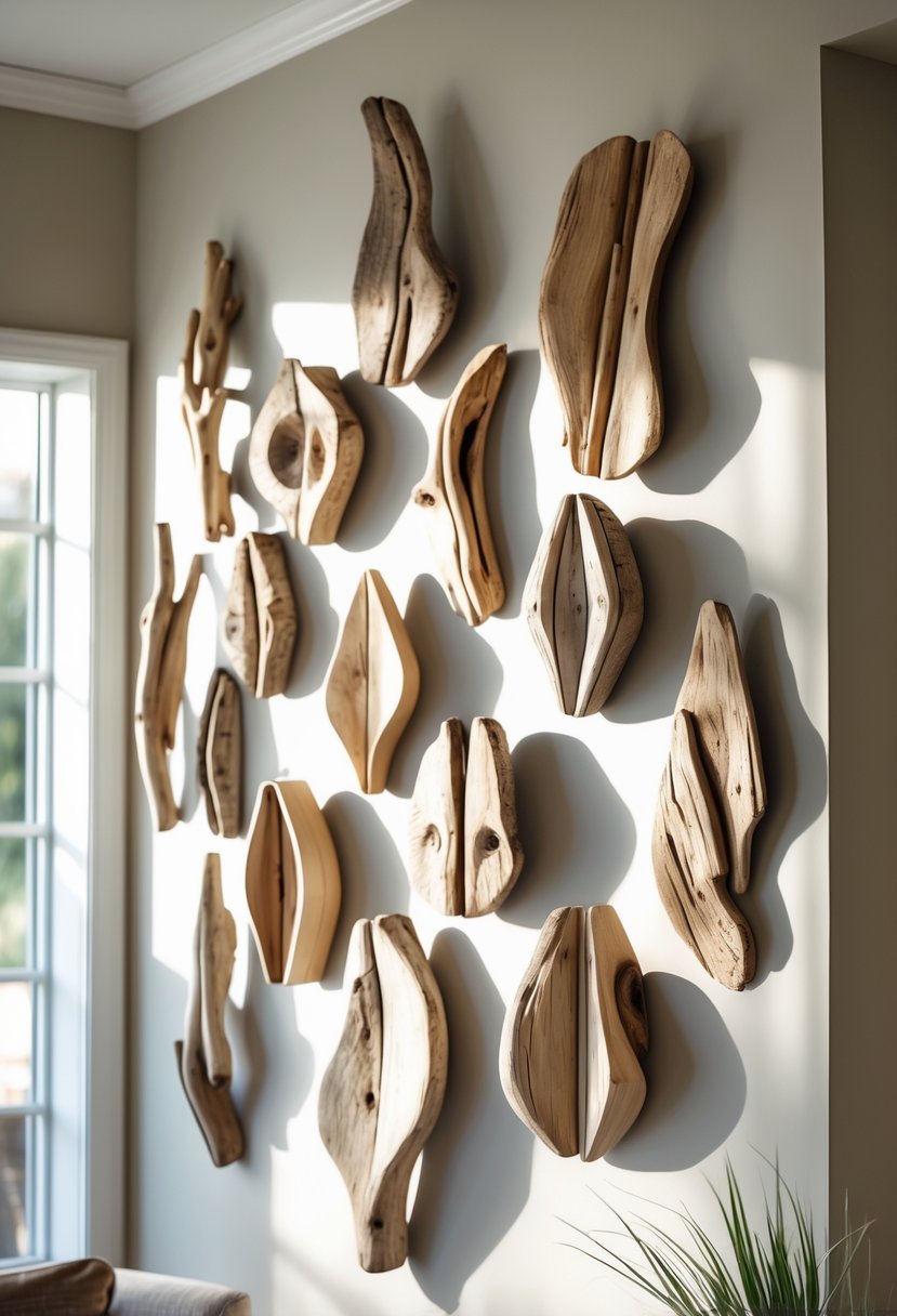 Sixteen handcrafted driftwood sculptures arranged on a light-colored wall in a cozy home interior.