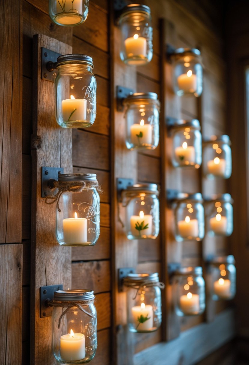 A wall with sixteen mason jar sconces holding candles and flowers, creating a warm and cozy atmosphere.