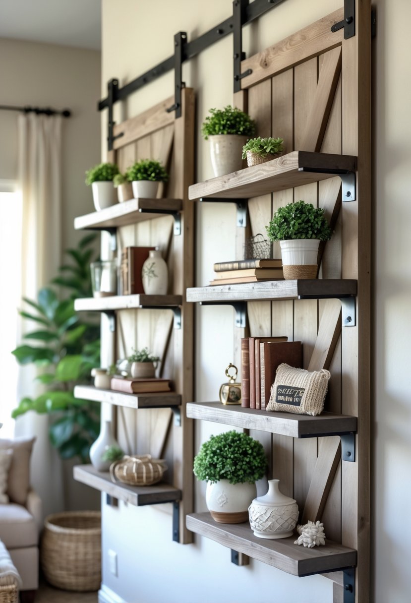 Wall shelves with rustic wood and metal accents holding plants, books, and decorative items in a cozy home setting.