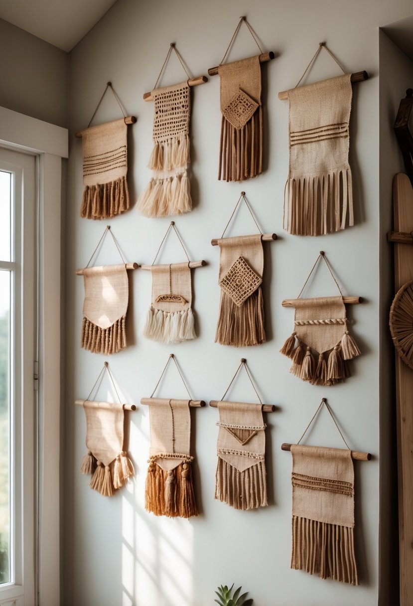 A wall decorated with sixteen natural burlap fabric hangings featuring various handcrafted rustic designs.