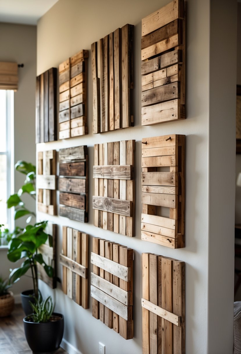 A wall decorated with sixteen pieces of handcrafted wooden pallet art in a cozy home interior.