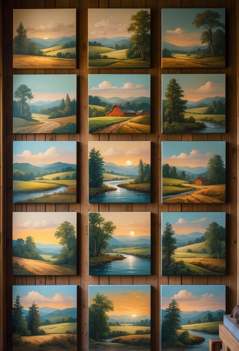 A cozy room wall decorated with sixteen paintings of countryside landscapes including hills, forests, barns, and rivers.