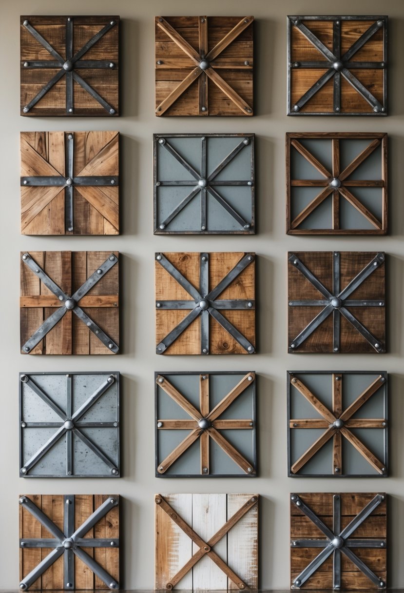A collection of sixteen rustic wall signs made of metal and wood arranged on a wall.