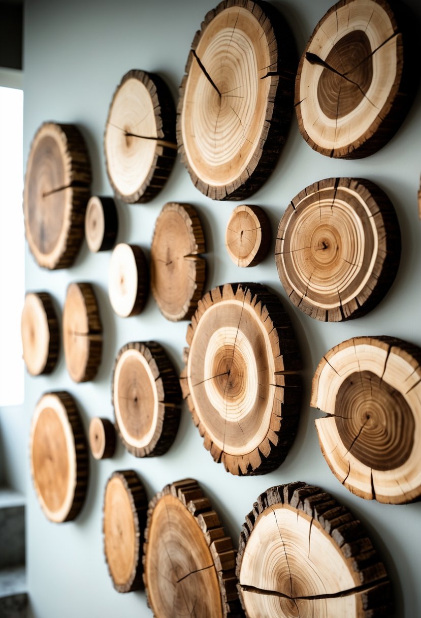 A collection of sixteen natural wooden tree slice wall pieces arranged on a plain wall.