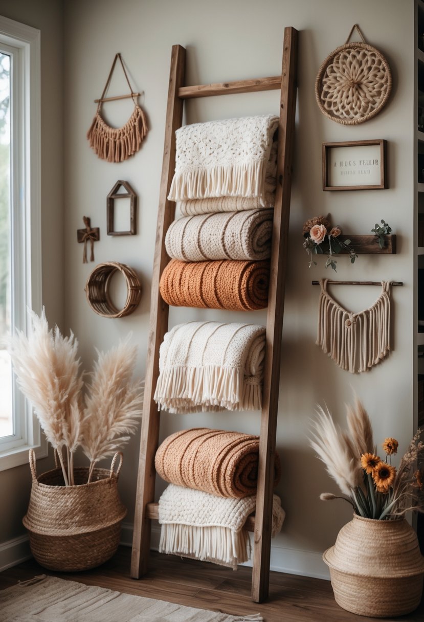 A rustic wooden ladder leaning against a wall, displaying several folded blankets with various rustic wall decorations arranged around it.