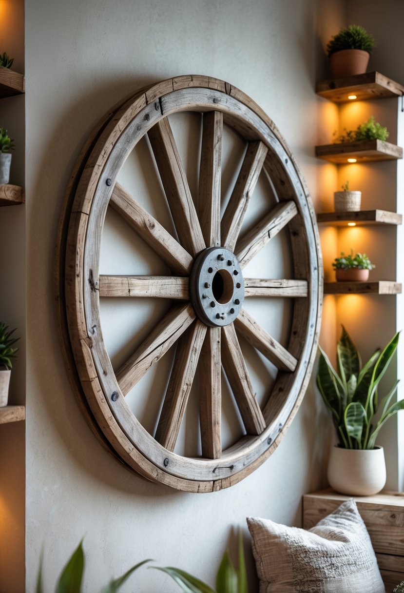 A rustic wagon wheel mounted on a home wall surrounded by plants and wooden decor.