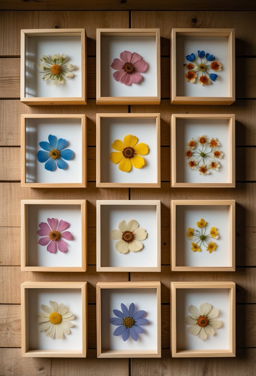 Sixteen pressed flower shadow boxes displayed on a rustic wooden wall.