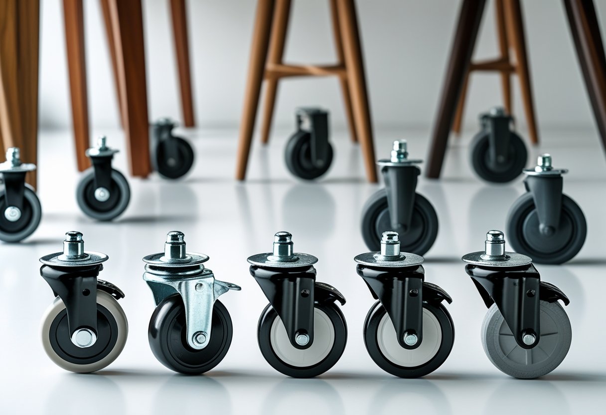 Close-up of various furniture casters displayed with parts of chair and table legs on a white surface.
