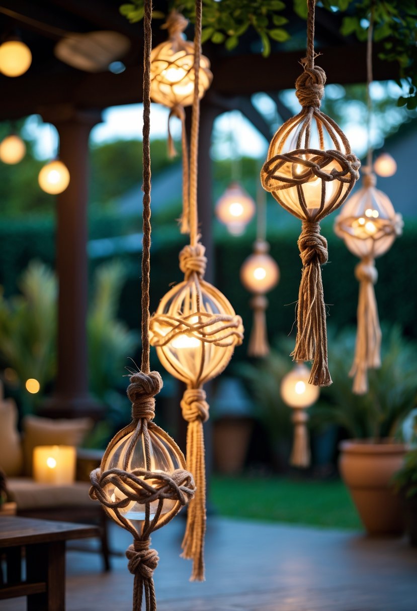 A group of knotted hanging lanterns glowing softly, suspended outdoors with a blurred garden background.