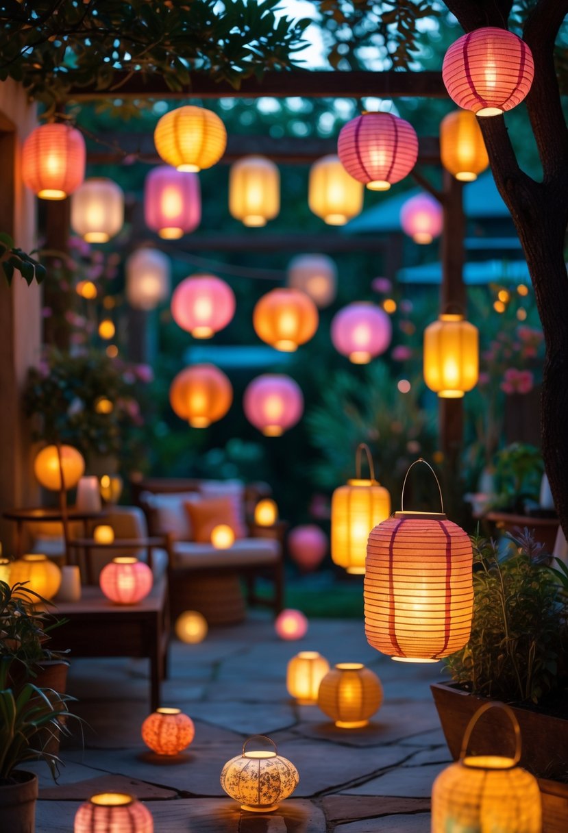 Colorful wax paper lanterns glowing indoors and outdoors, hanging in a cozy room and a garden setting.