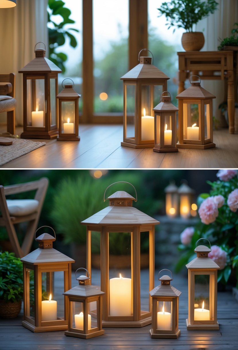 A variety of wooden frame lanterns with glass panels displayed indoors and outdoors, some illuminated with candles, surrounded by plants and natural decor.