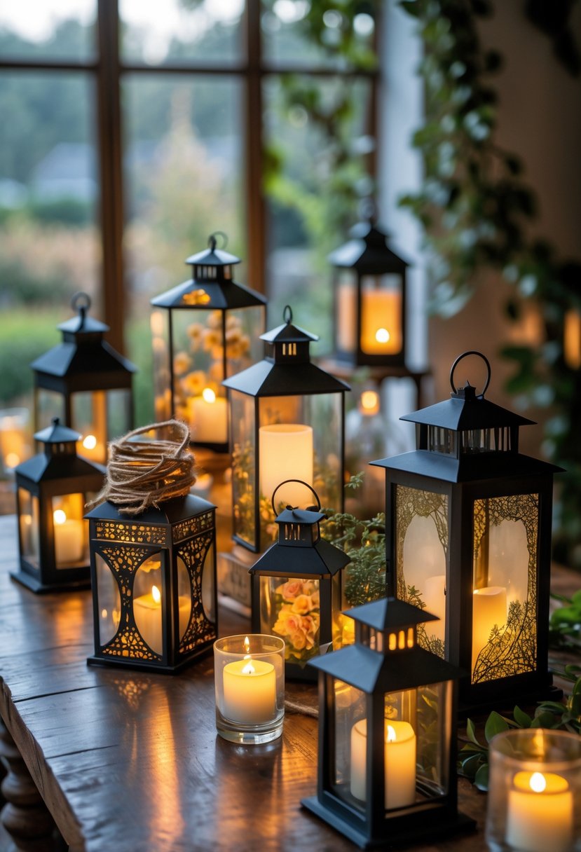 A variety of battery-operated candle lanterns glowing warmly on a wooden table with indoor plants and an outdoor garden visible through a window.