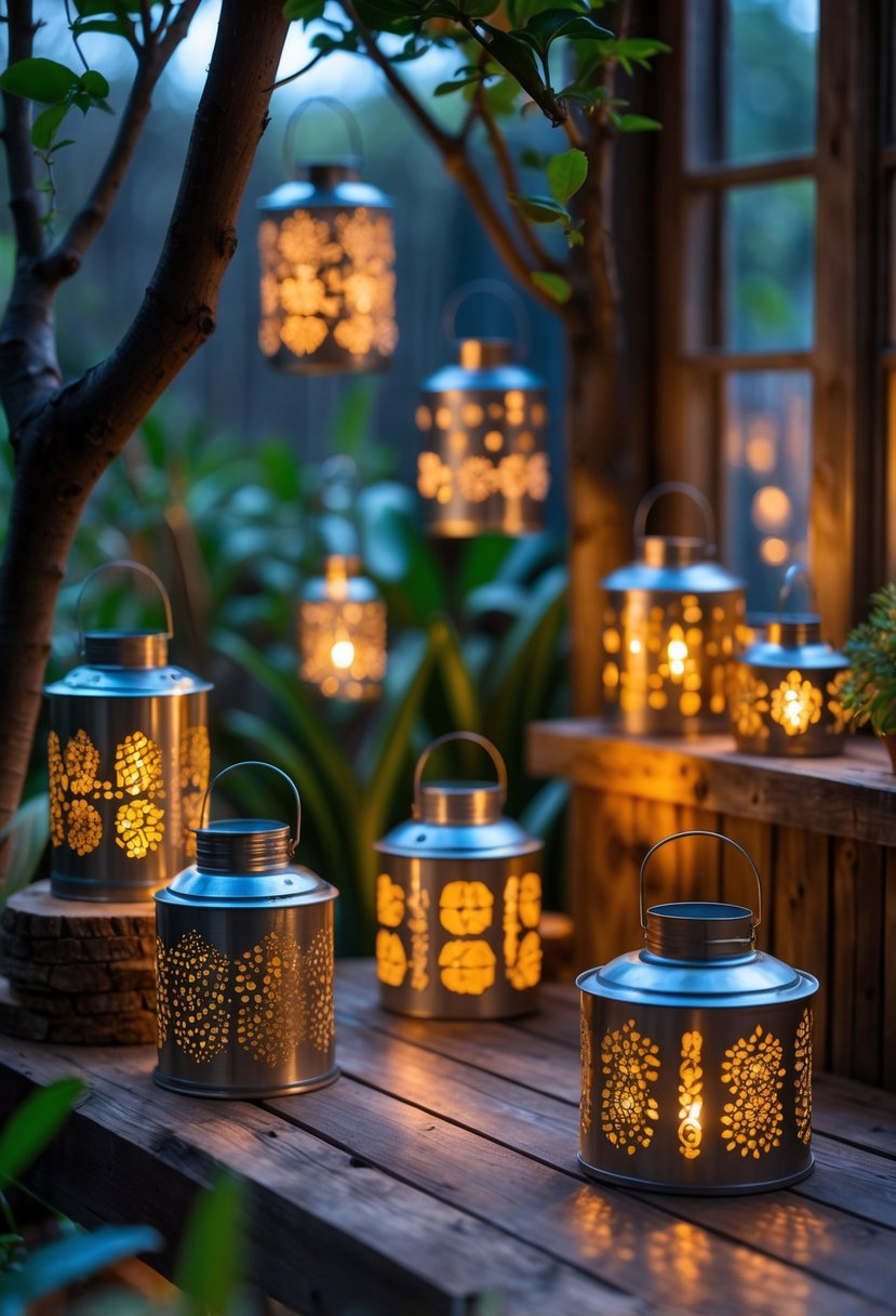 A variety of lanterns made from recycled tin cans with intricate cut-out patterns glowing softly indoors and outdoors in a garden and near a window.
