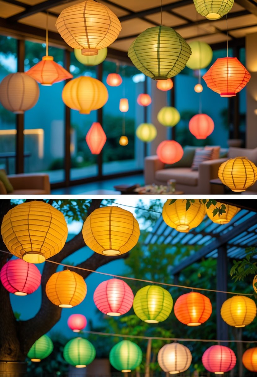 Colorful origami paper lanterns hanging indoors and outdoors, softly lit in a cozy room and a garden setting.