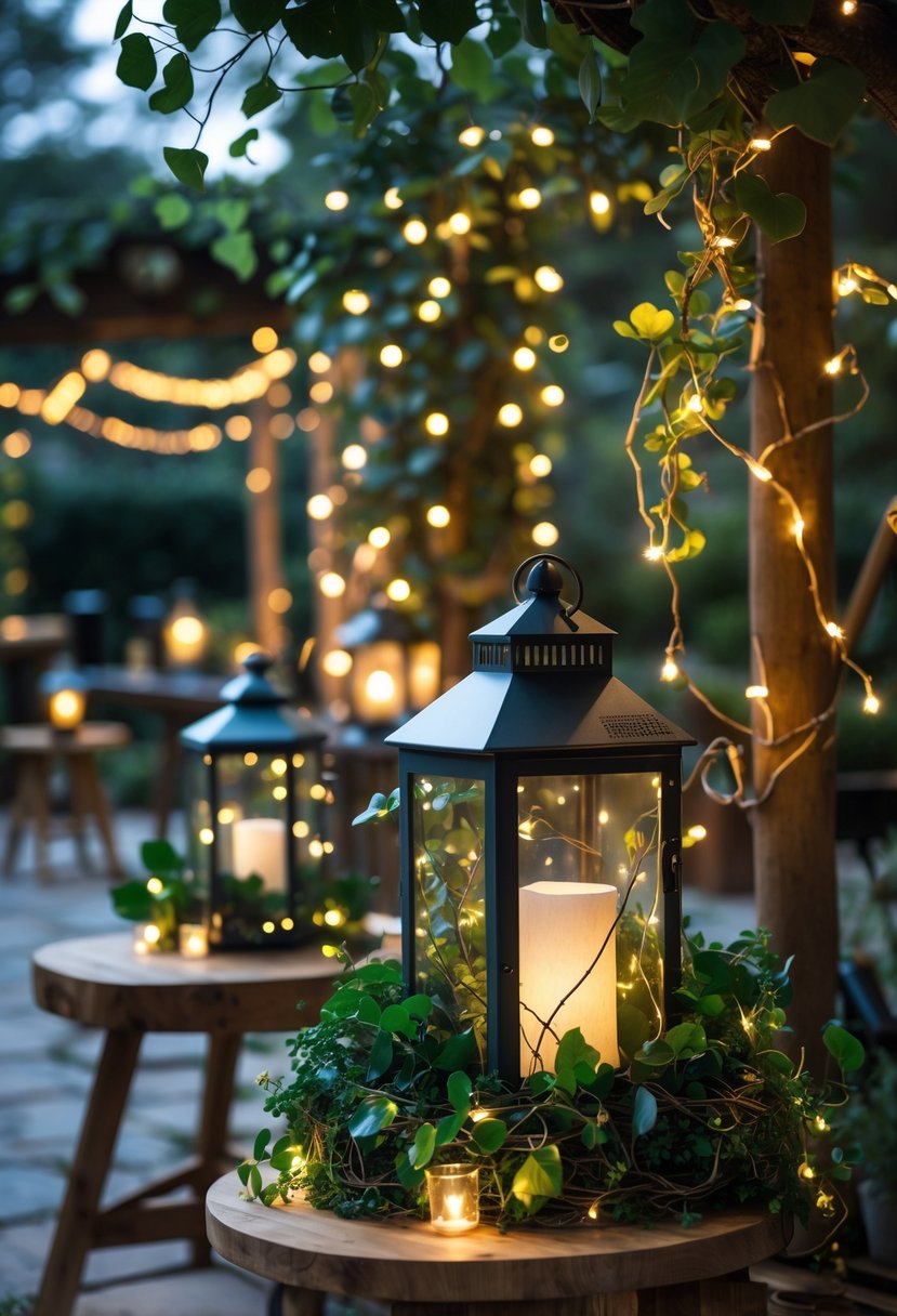 Decorative lanterns wrapped in green leaves and fairy lights arranged indoors and outdoors on wooden and natural surfaces.