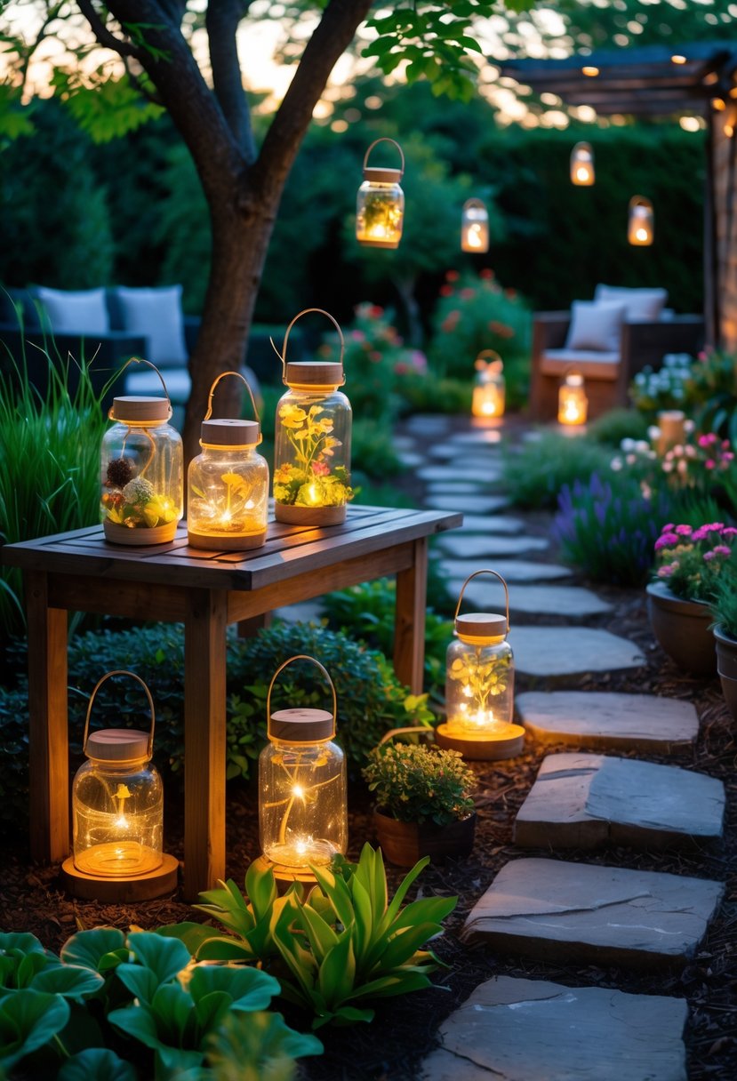 Various solar-powered lanterns glowing softly in a garden with plants, flowers, and outdoor seating during sunset.
