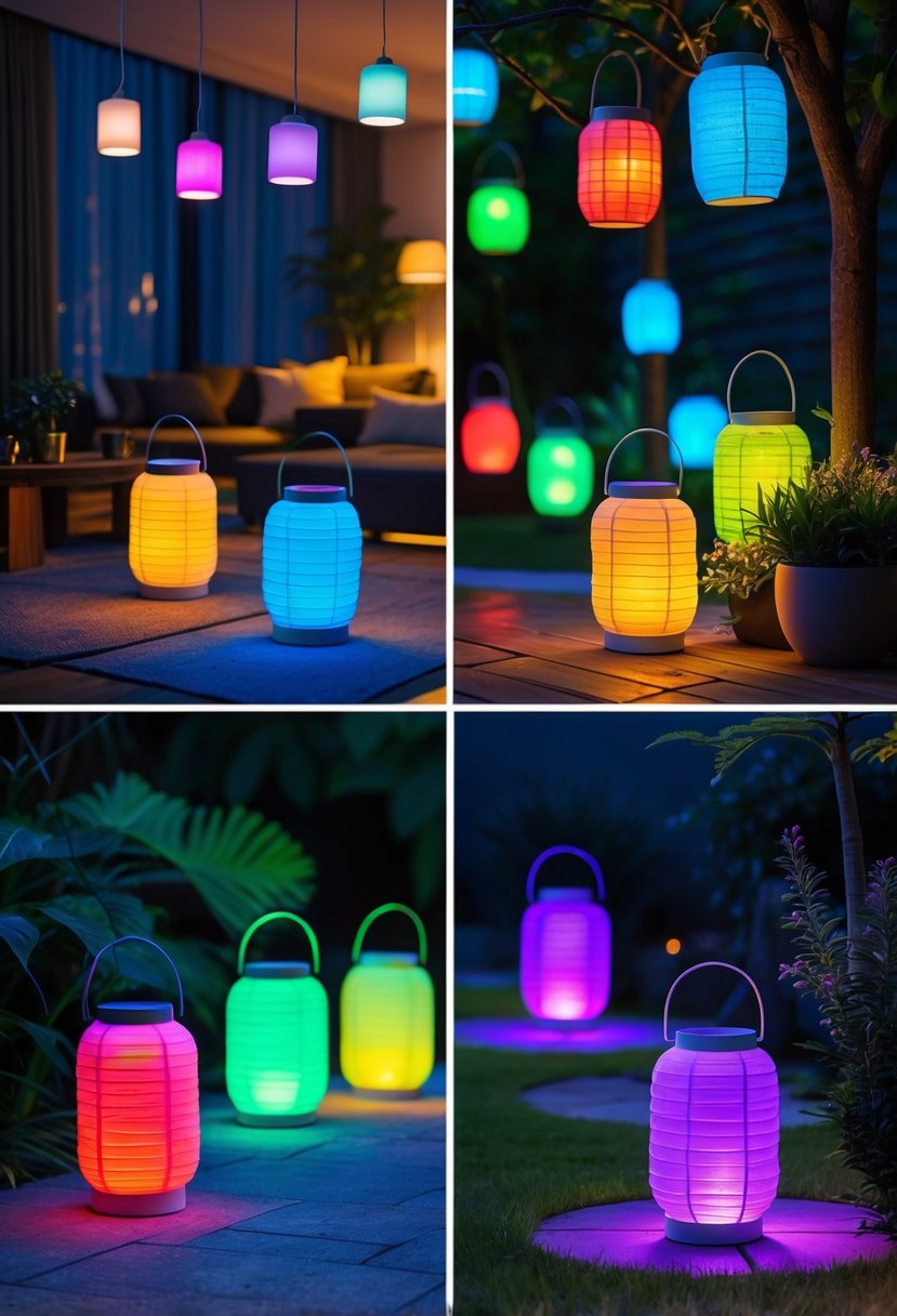 A variety of colorful LED lanterns glowing indoors on a table and outdoors hanging from trees and placed on the ground in a garden setting.
