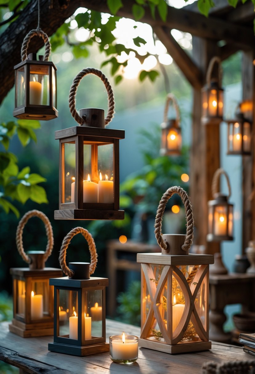 A collection of rustic rope handle lanterns displayed indoors on a wooden table and outdoors hanging from tree branches, glowing warmly in a natural garden and cozy room setting.