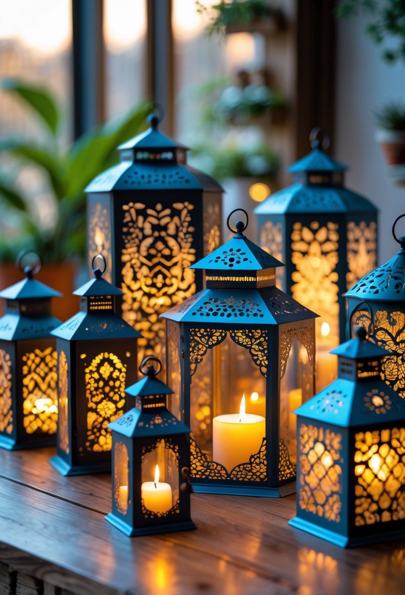 A collection of tin lanterns with detailed cut-out patterns, some lit with candles, displayed on a wooden surface with indoor plants and an outdoor garden blurred in the background.
