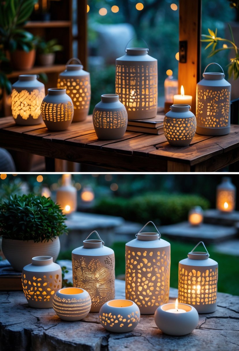 A collection of ceramic lantern votives glowing with candlelight, displayed on a wooden table indoors and on a stone patio outdoors surrounded by plants.