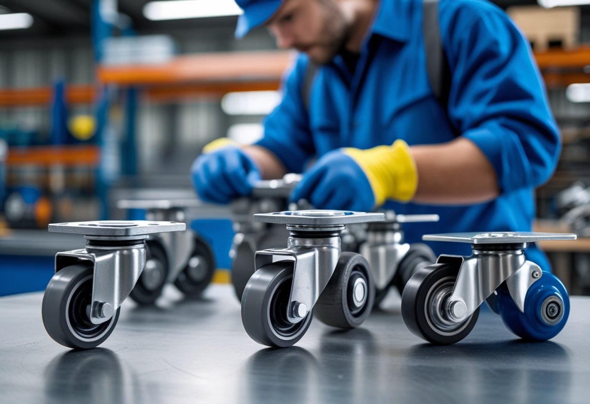 A person in a work uniform inspects various industrial casters displayed on a metal workbench in a warehouse setting.