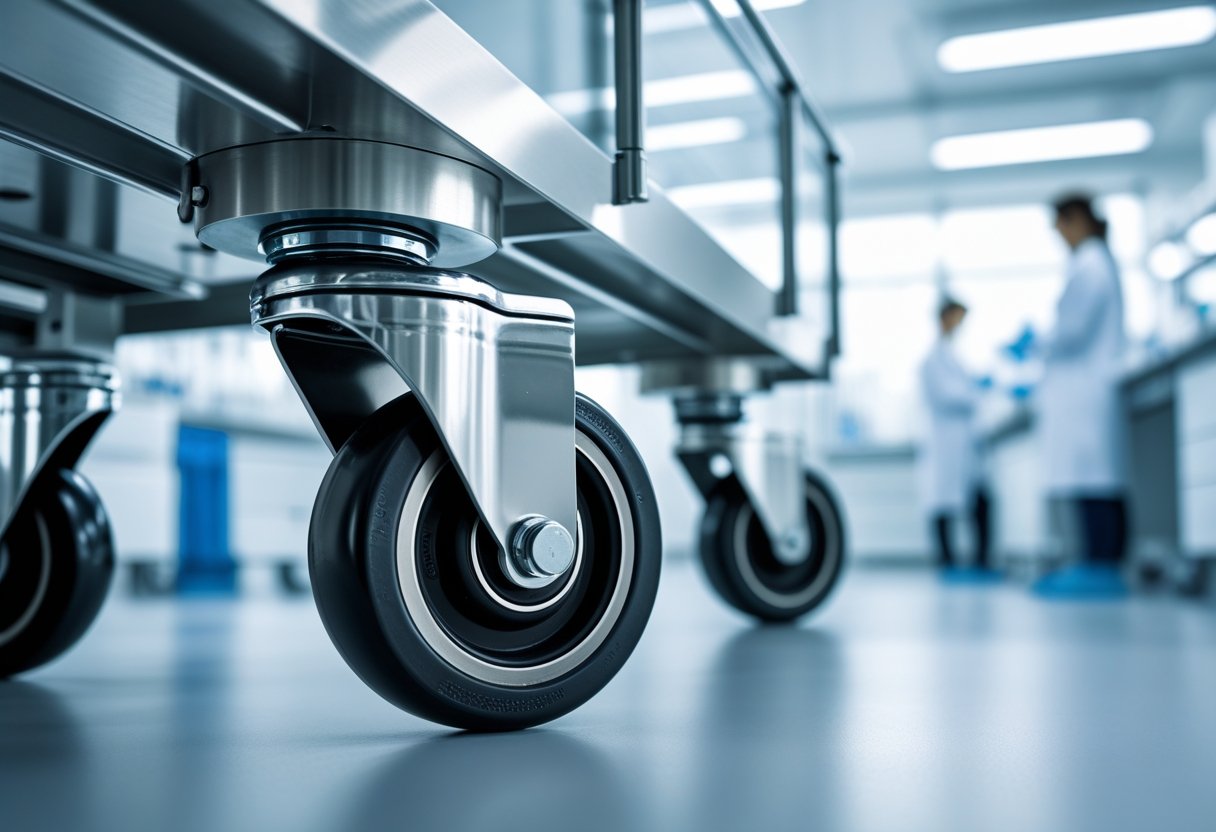 Close-up of durable casters on stainless steel medical carts in a clean pharmaceutical manufacturing facility with technicians working in the background.