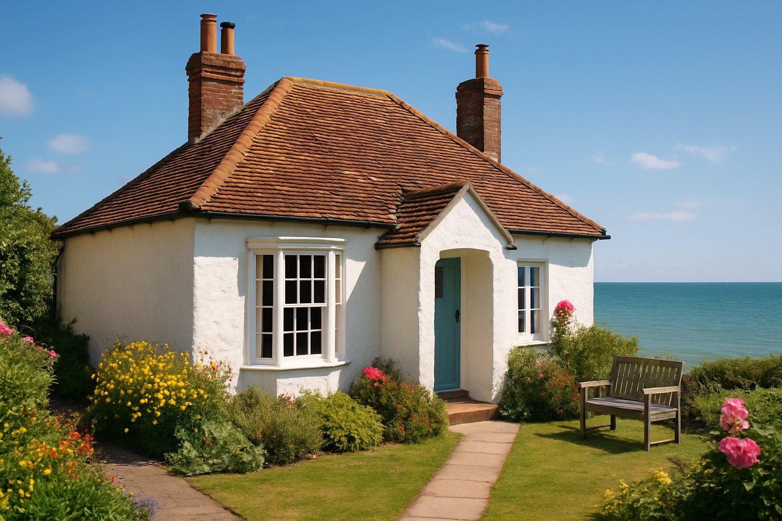 A charming seaside cottage with white walls and a red roof surrounded by a garden, overlooking the calm sea under a clear blue sky.