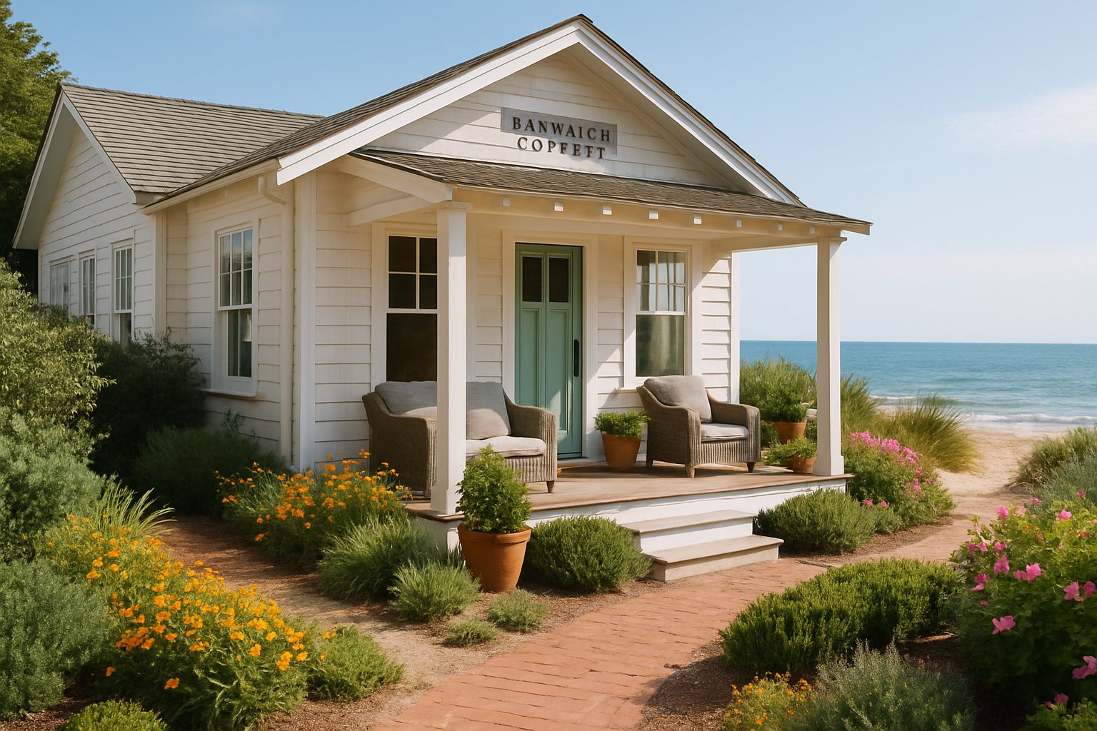 A cozy seaside cottage with a front porch, garden path, and ocean view in the background.