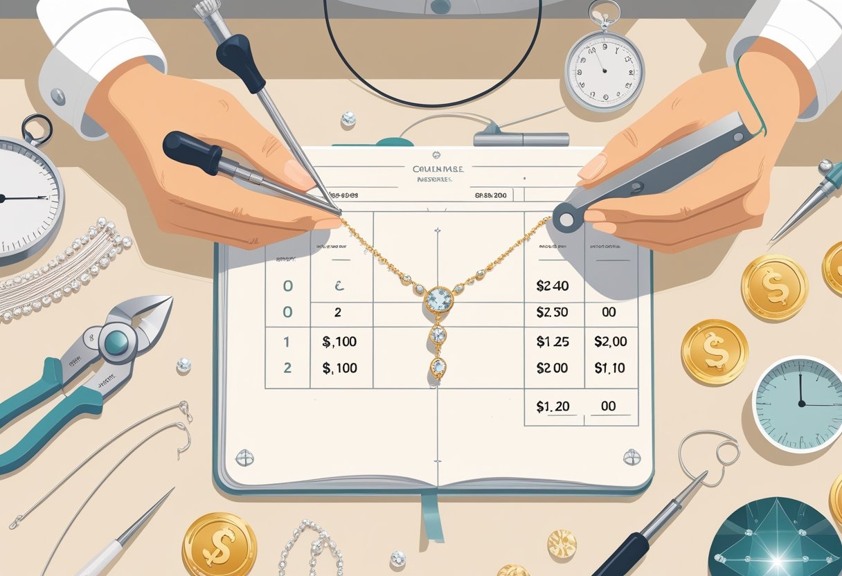A jeweler's hands measuring a handmade necklace on a workspace with tools, a notebook showing a pricing formula, and icons representing money, time, and craftsmanship.
