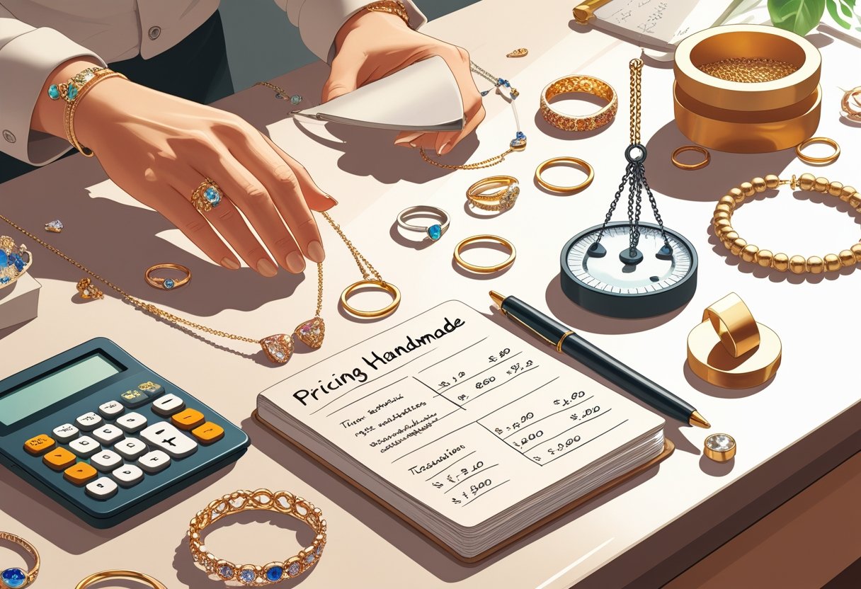 A jeweler's workspace with handmade jewelry, a calculator, notebook with notes, and a scale, showing the process of pricing jewelry.