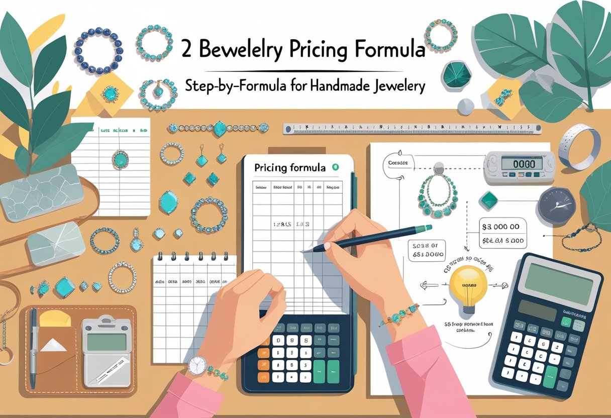 A workspace showing handmade jewelry, a calculator, measuring tools, and hands writing calculations to figure out jewelry pricing.