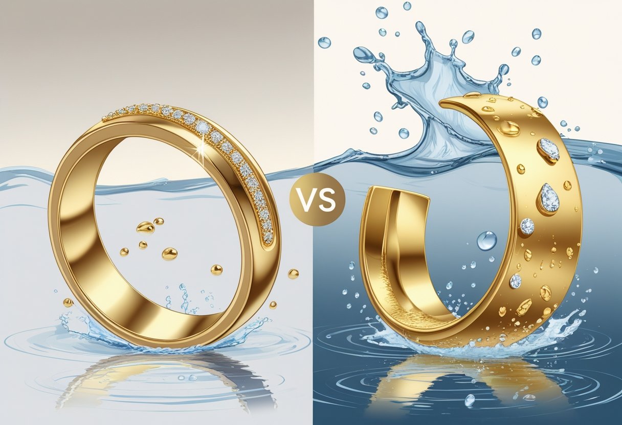 A side-by-side comparison of solid gold jewelry with water droplets and gold-plated jewelry showing slight wear from water exposure.