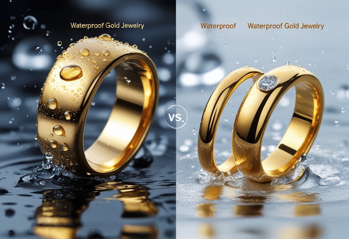 Two sets of gold jewelry pieces side by side, one set appearing solid and unaffected by water, the other set showing signs of wear and fading under water droplets.