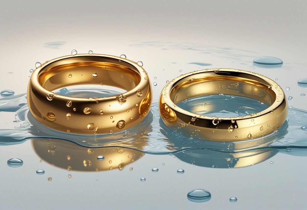 Two gold rings side by side, one shiny with water droplets and the other slightly worn and partially submerged in water, illustrating waterproof gold versus plated gold.