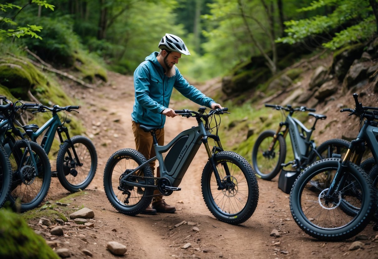Person outdoors examining an electric mountain bike on a forest trail surrounded by trees and rugged terrain.