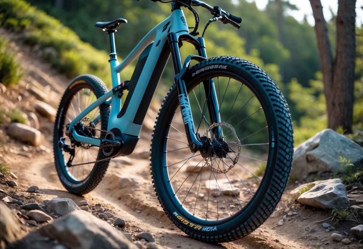 An electric mountain bike on a rugged off-road trail showing its tires and suspension system surrounded by forest and natural terrain.