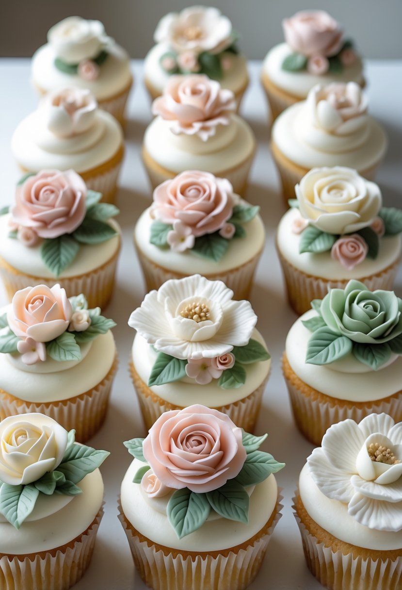 Fifteen white cupcakes decorated with delicate sugar flowers arranged on a white surface.