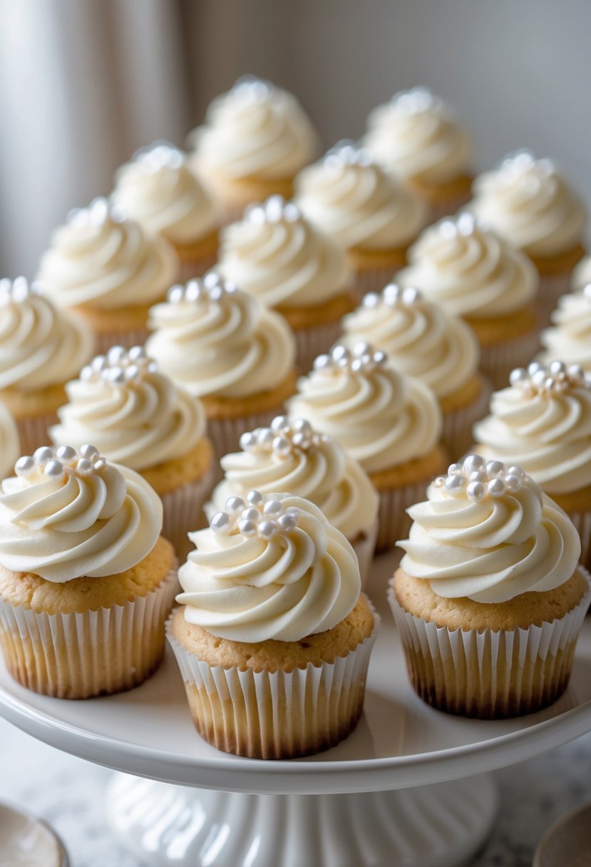 Fifteen vanilla cupcakes with creamy frosting topped with edible pearls arranged on a white platter.