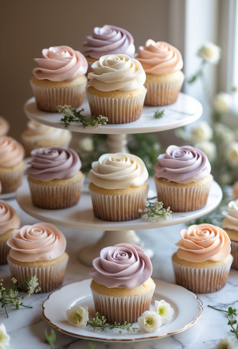 A collection of 15 wedding cupcakes decorated with buttercream rose swirls in pastel colors arranged on tiered stands and plates with greenery accents.