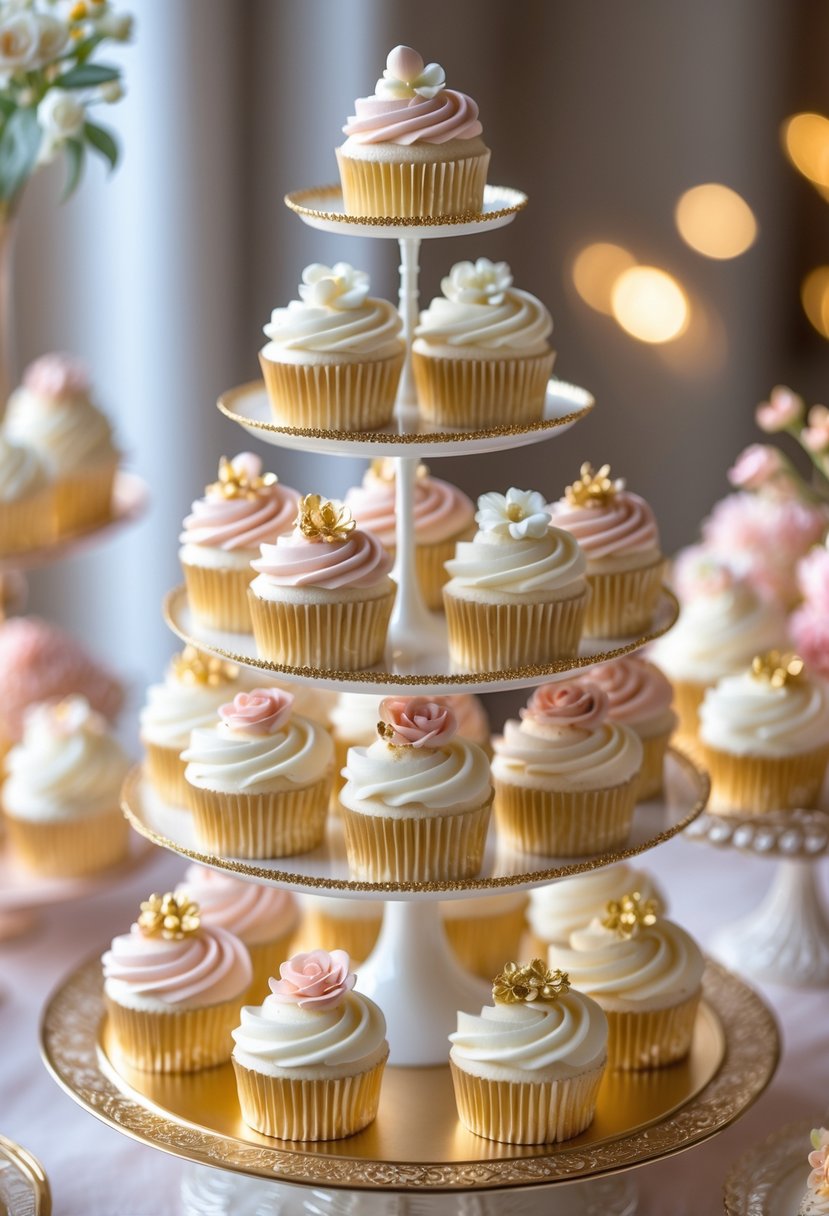 A display of 15 wedding cupcakes decorated with gold leaf accents and pastel-colored frosting on tiered stands.