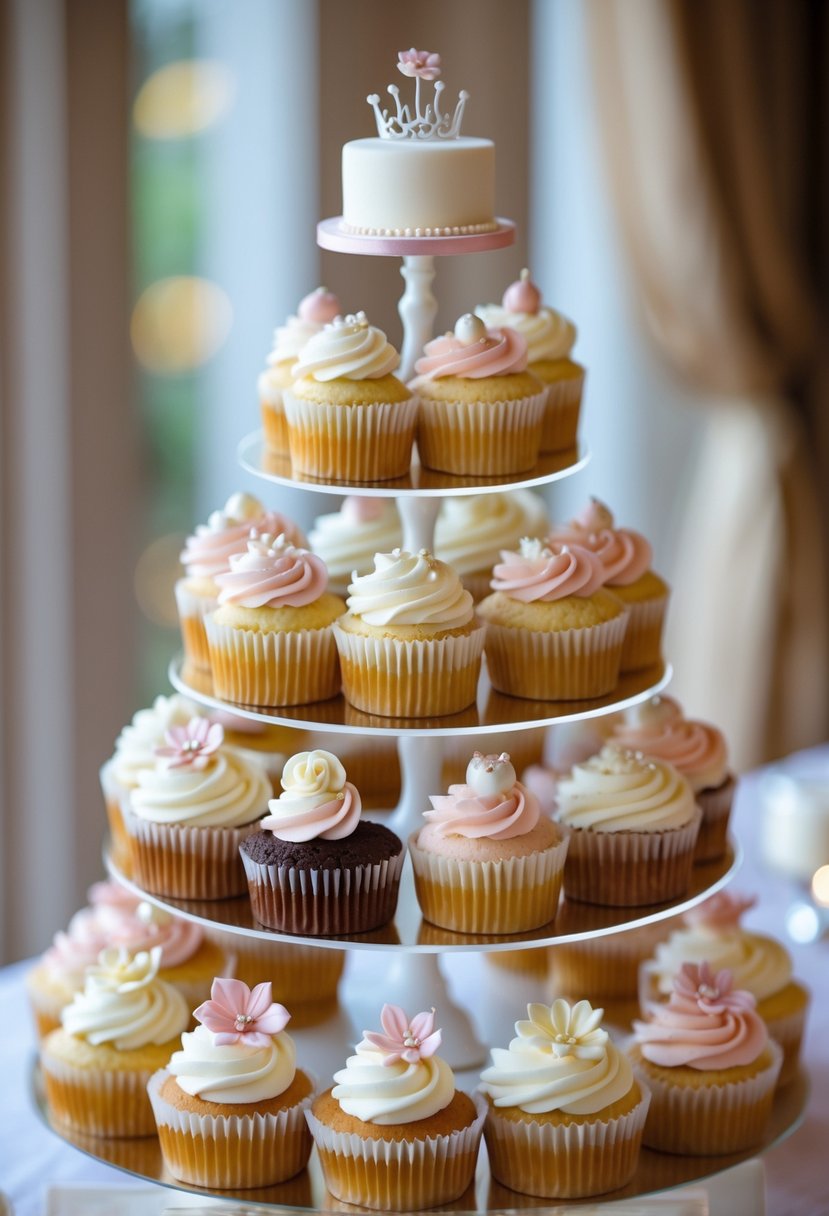 A tiered cupcake stand displaying 15 decorated wedding cupcakes with a small mini cake topper on top.