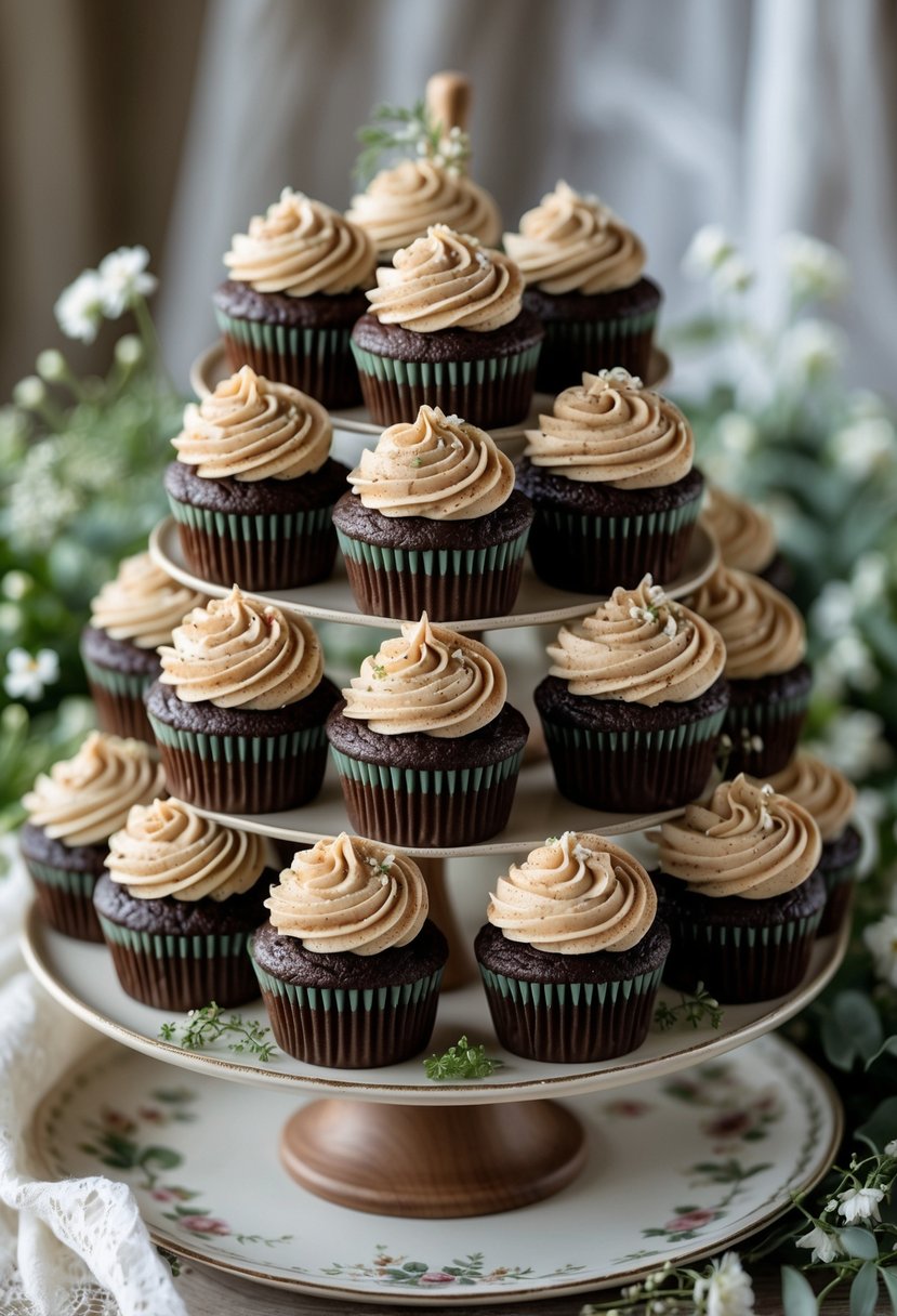 A display of 15 chocolate cupcakes with rustic frosting arranged on wooden and ceramic stands, decorated with small white flowers and greenery.