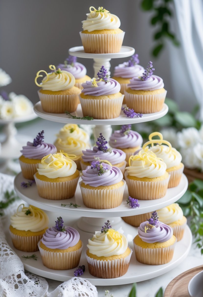 A display of 15 lavender and lemon flavored cupcakes decorated with purple and yellow frosting, arranged on tiered stands with wedding decorations.