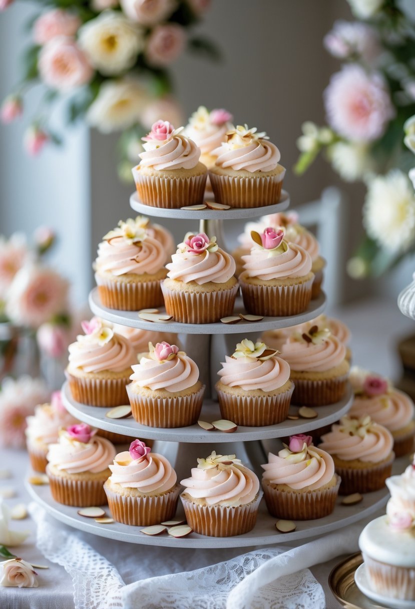 A display of rosewater almond cupcakes with creamy frosting and rose petal decorations arranged on a tiered stand at a wedding.