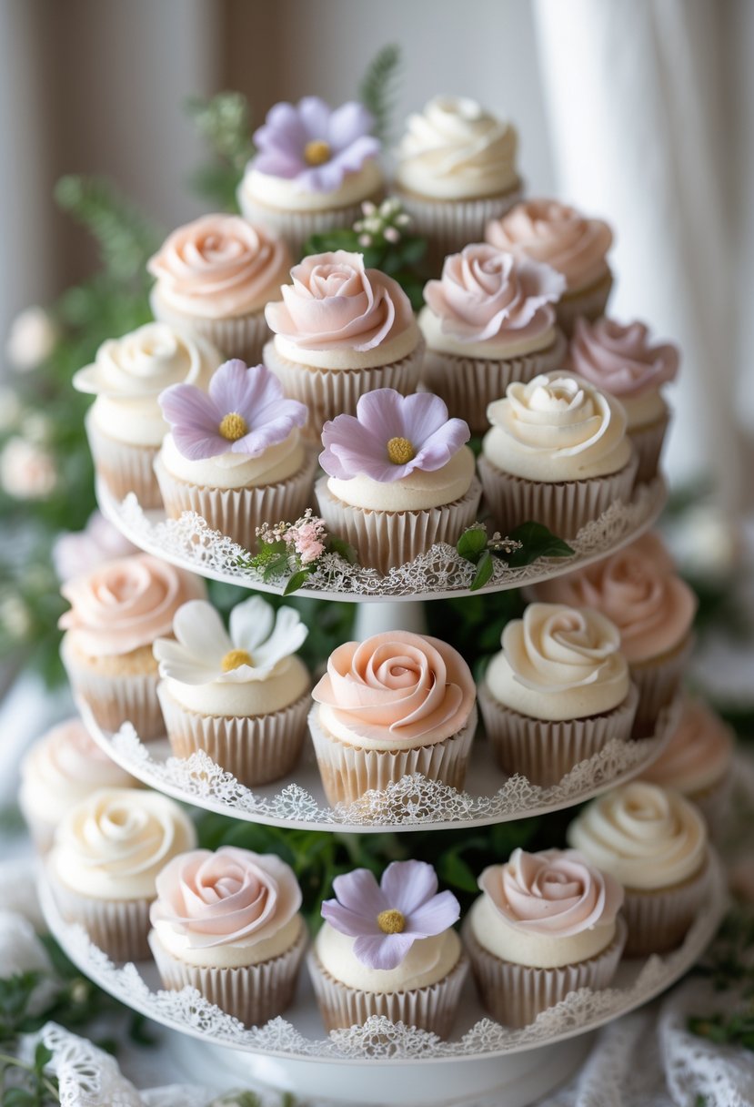 A display of 15 wedding cupcakes decorated with fresh floral petals on a tiered cake stand.